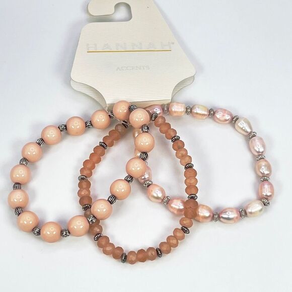 Set of 3 Pink Beaded Stretch Bracelets with Pink Freshwater Cultured Pearls - Picture 1 of 4
